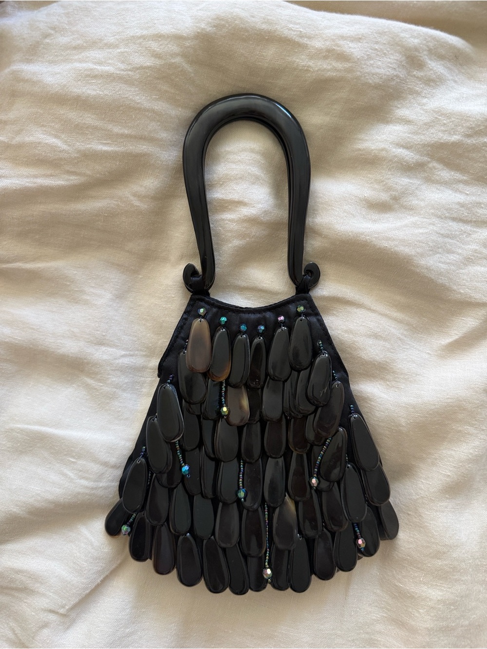 Vintage Brown Tortoise Shell Dangling Purse Hand Bag Iridescent Beads